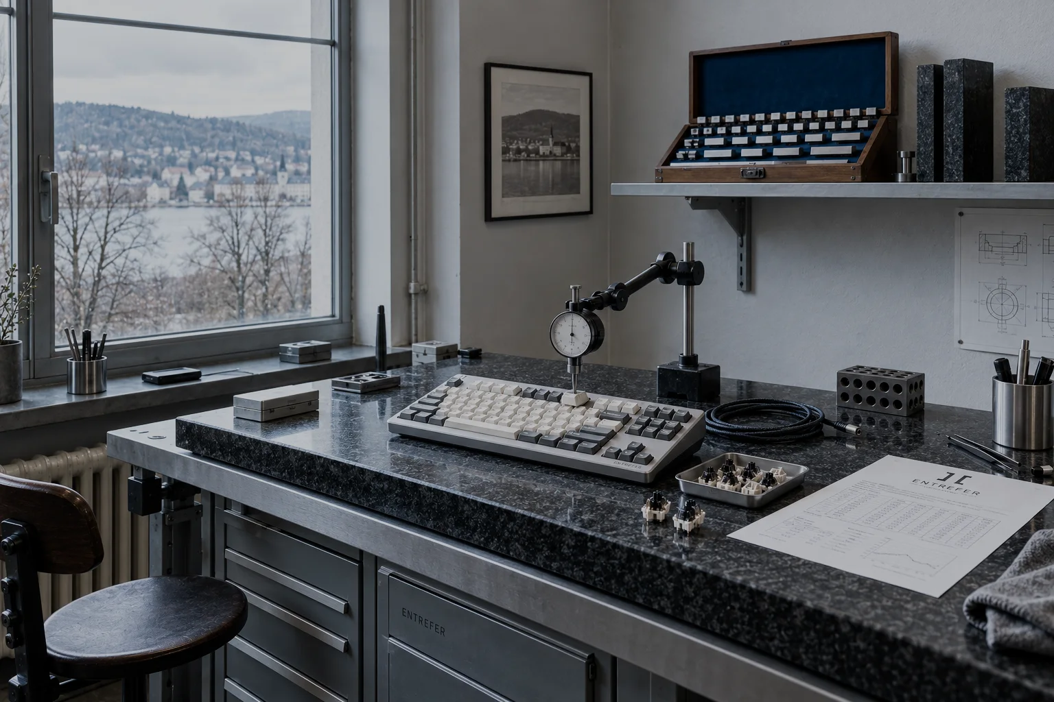 The measuring room: a steel bench with a black granite surface plate, a board under a dial indicator, and a tall window onto bare trees and grey-green hills.