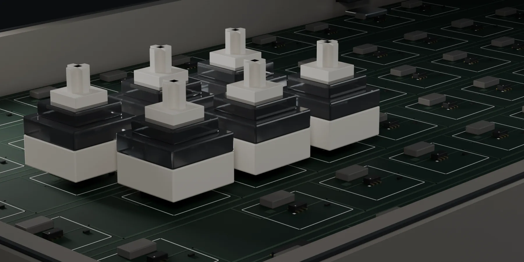 A macro along the circuit board with the plate and keycaps removed: six switches standing in their hot-swap sockets in the foreground, and behind them the bare board with a sensor under every key position, silkscreen outlines and copper routing.