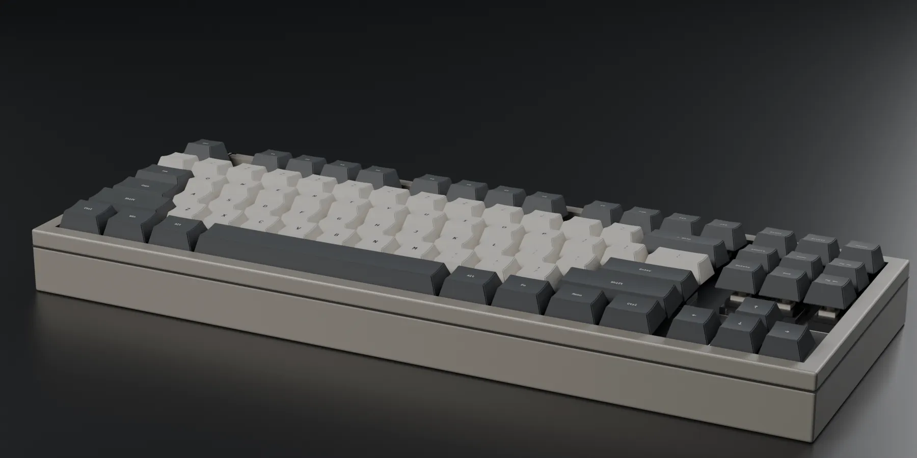 An ÉTALON 87 keyboard, assembled, on a dark bench.