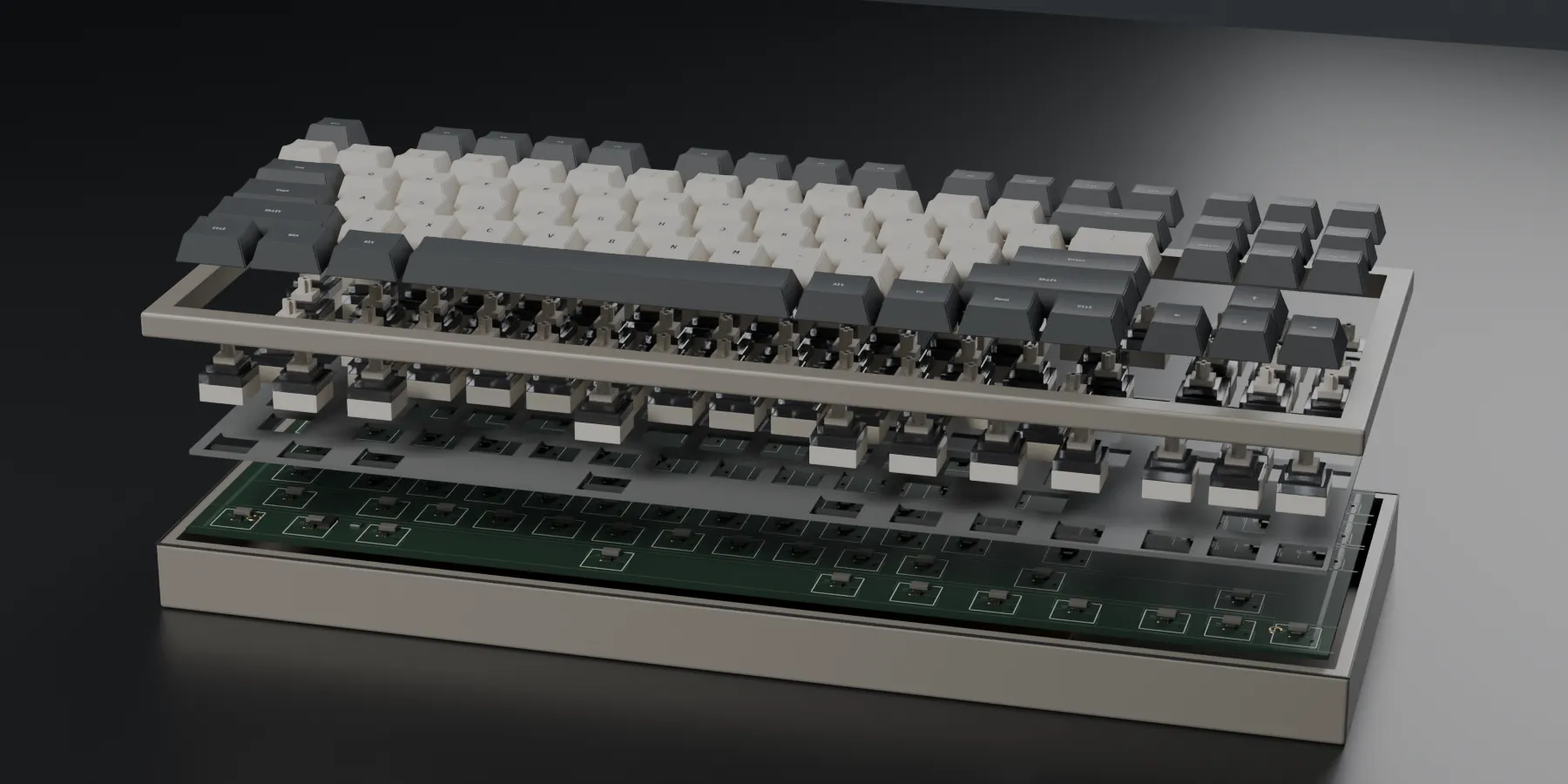 The ÉTALON 87 part way through separating, the keycaps and top case rising clear.