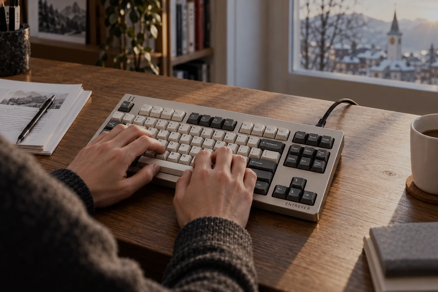 An ÉTALON 87 on an oak desk in winter light, with hands resting on the home row.