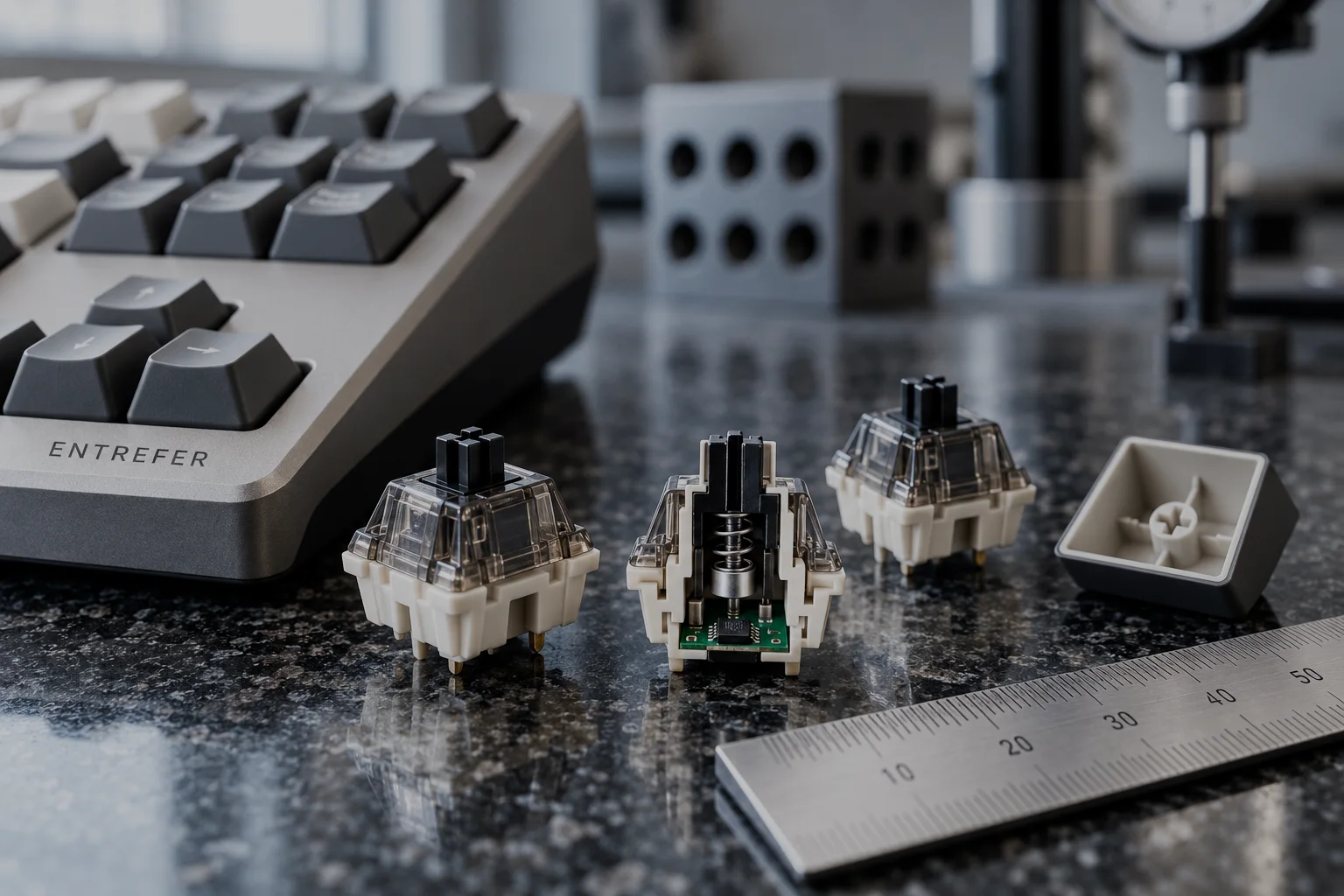 Three PALPEUR switches on a granite plate, one cut in half lengthwise to show the magnet in the base of the stem, the spring around it and the sensor on the board below.